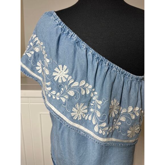 Rebecca Minkoff Rita Denim Chambray One Shoulder Embroidered Blouse Top Blue S - Picture 8 of 12